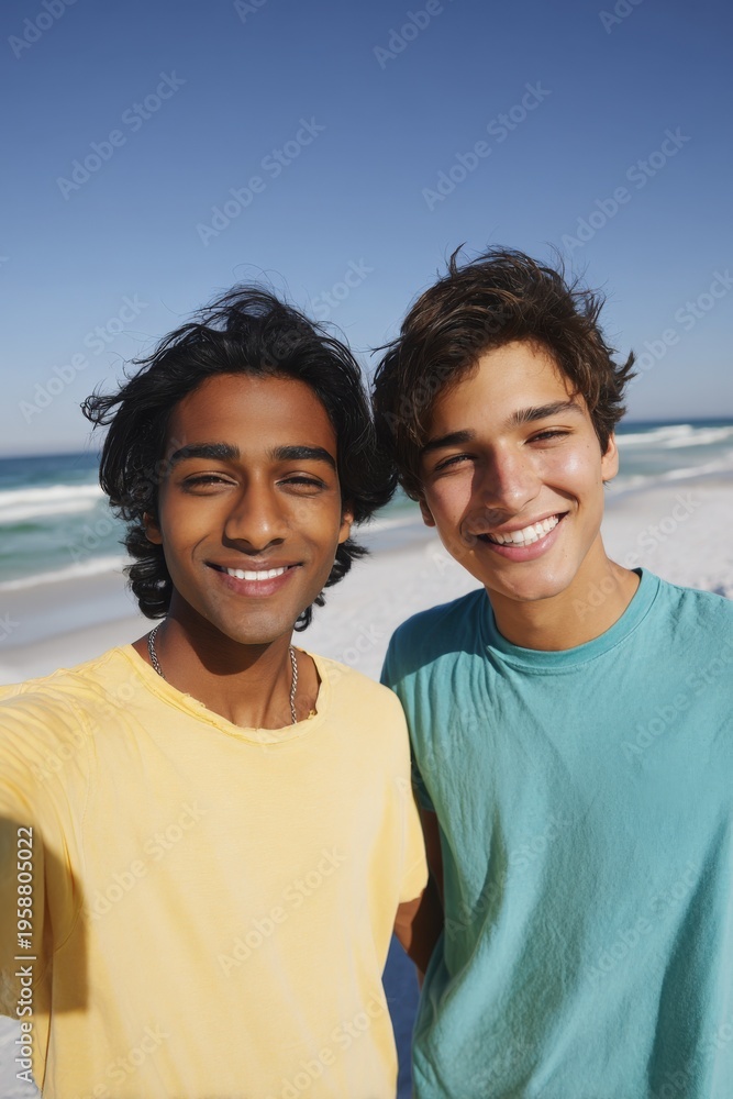 Obraz premium Two young adult males asian hispanic friends smiling at sunny beach with ocean waves wearing colorful tshirts and taking a selfie together