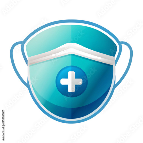 Glossy teal surgical face mask illustration featuring a white medical cross emblem.