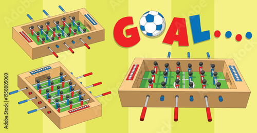 Foosball: Tabletop soccer. Control figures on rods to score goals. Fast, skillful, strategic. Popular worldwide in bars, game rooms, tournaments. Exciting miniature soccer game.