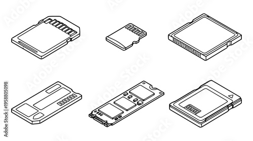 memory card , 6 black line isometric 3d vector collection , white background , PNG and SVG isolate