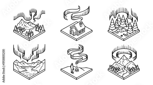 northern lights , 6 black line isometric 3d vector collection , white background , PNG and SVG isolate