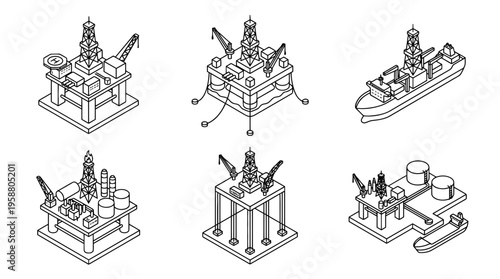 oil rig , 6 black line isometric 3d vector collection , white background , PNG and SVG isolate