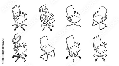 office chair , 6 black line isometric 3d vector collection , white background , PNG and SVG isolate