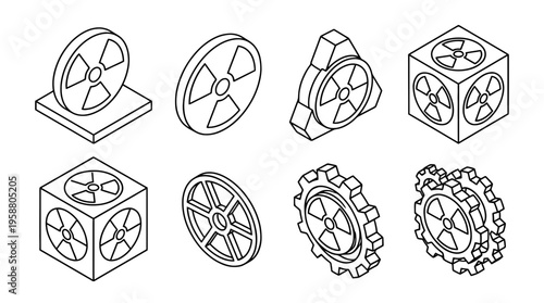 nuclear symbol , 6 black line isometric 3d vector collection , white background , PNG and SVG isolate