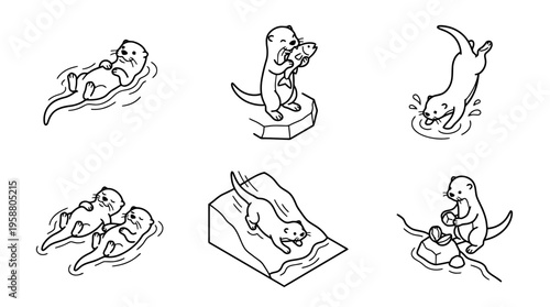 otter , 6 black line isometric 3d vector collection , white background , PNG and SVG isolate