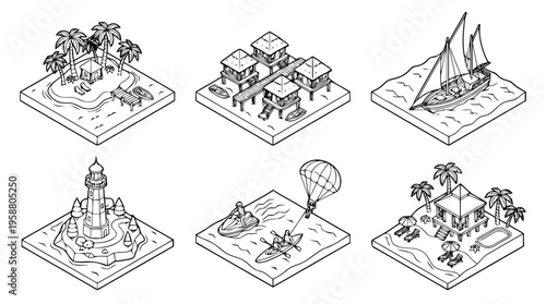 palm island , 6 black line isometric 3d vector collection , white background , PNG and SVG isolate