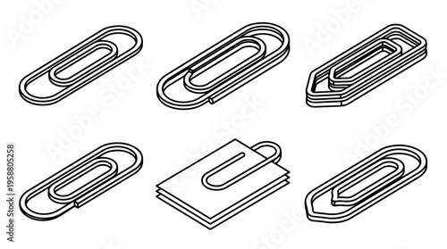 paperclip , 6 black line isometric 3d vector collection , white background , PNG and SVG isolate