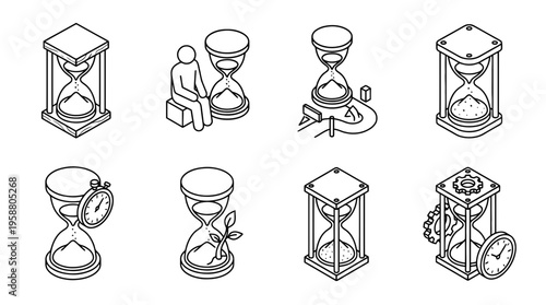 patience hourglass , 6 black line isometric 3d vector collection , white background , PNG and SVG isolate