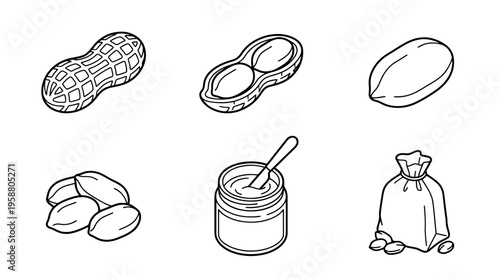 peanuts , 6 black line isometric 3d vector collection , white background , PNG and SVG isolate