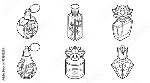 perfume bottle flower , 6 black line isometric 3d vector collection , white background , PNG and SVG isolate
