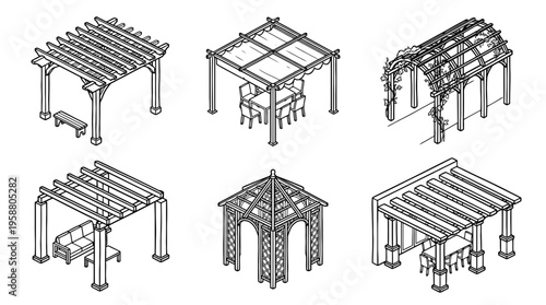 pergola , 6 black line isometric 3d vector collection , white background , PNG and SVG isolate