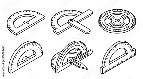 protractor , 6 black line isometric 3d vector collection , white background , PNG and SVG isolate