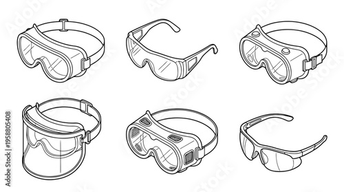 protective goggles , 6 black line isometric 3d vector collection , white background , PNG and SVG isolate