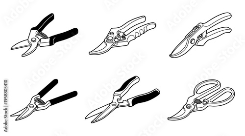 pruning shears , 6 black line isometric 3d vector collection , white background , PNG and SVG isolate