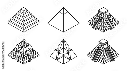 pyramid , 6 black line isometric 3d vector collection , white background , PNG and SVG isolate