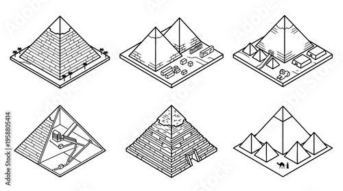 pyramid of giza , 6 black line isometric 3d vector collection , white background , PNG and SVG isolate