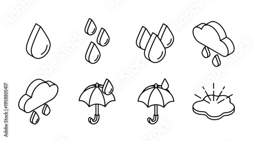 rain drop , 6 black line isometric 3d vector collection , white background , PNG and SVG isolate