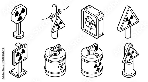 radioactive symbol , 6 black line isometric 3d vector collection , white background , PNG and SVG isolate