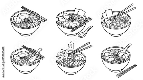 ramen bowl , 6 black line isometric 3d vector collection , white background , PNG and SVG isolate