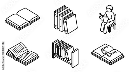 reading book , 6 black line isometric 3d vector collection , white background , PNG and SVG isolate
