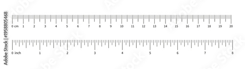 Ruler scale, measuring chart with 8 inches and 20 centimeters. Length measurement distance, height, math. Template of sewing tool. Measuring chart with 8 inch and 20 cm.