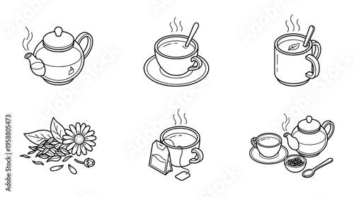 relaxation tea , 6 black line isometric 3d vector collection , white background , PNG and SVG isolate