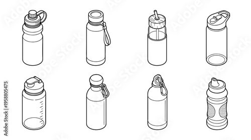 reusable bottle , 6 black line isometric 3d vector collection , white background , PNG and SVG isolate
