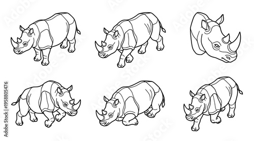 rhino , 6 black line isometric 3d vector collection , white background , PNG and SVG isolate