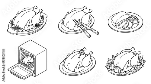 roast turkey , 6 black line isometric 3d vector collection , white background , PNG and SVG isolate