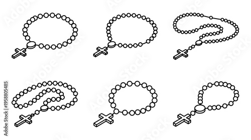 rosary beads , 6 black line isometric 3d vector collection , white background , PNG and SVG isolate