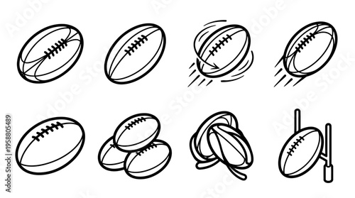 rugby ball , 6 black line isometric 3d vector collection , white background , PNG and SVG isolate