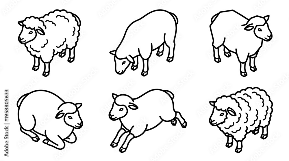 Fototapeta premium sheep , 6 black line isometric 3d vector collection , white background , PNG and SVG isolate