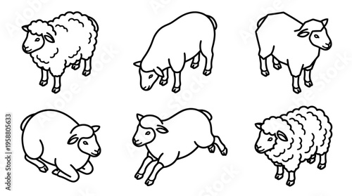 sheep , 6 black line isometric 3d vector collection , white background , PNG and SVG isolate