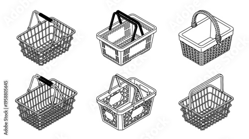 shopping basket , 6 black line isometric 3d vector collection , white background , PNG and SVG isolate