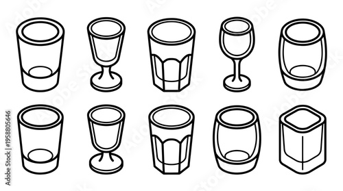 shot glass , 6 black line isometric 3d vector collection , white background , PNG and SVG isolate
