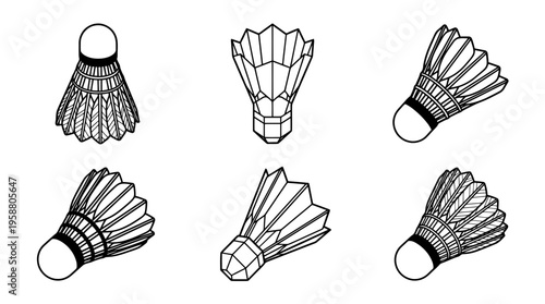 shuttlecock , 6 black line isometric 3d vector collection , white background , PNG and SVG isolate