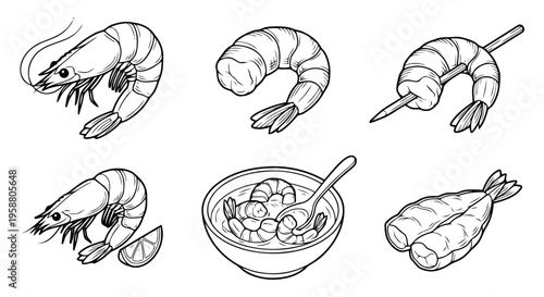 shrimp , 6 black line isometric 3d vector collection , white background , PNG and SVG isolate