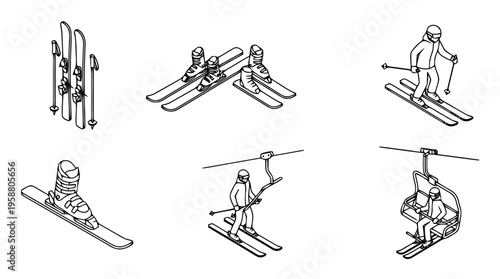 ski planks , 6 black line isometric 3d vector collection , white background , PNG and SVG isolate
