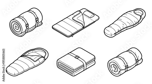 sleeping bag , 6 black line isometric 3d vector collection , white background , PNG and SVG isolate