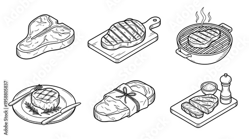 steak , 6 black line isometric 3d vector collection , white background , PNG and SVG isolate