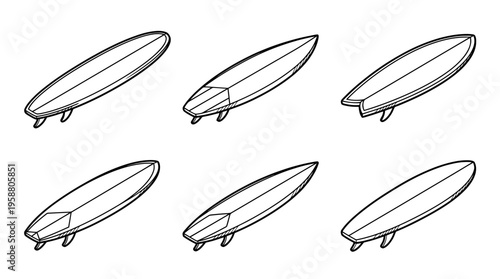 surfboard , 6 black line isometric 3d vector collection , white background , PNG and SVG isolate