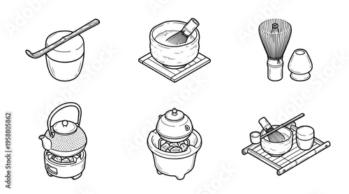 tea ceremony , 6 black line isometric 3d vector collection , white background , PNG and SVG isolate