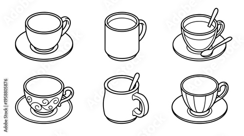 teacup , 6 black line isometric 3d vector collection , white background , PNG and SVG isolate