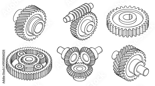 transmission gear , 6 black line isometric 3d vector collection , white background , PNG and SVG isolate