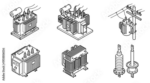 transformer high voltage , 6 black line isometric 3d vector collection , white background , PNG and SVG isolate