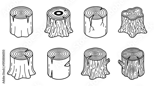 tree stump , 6 black line isometric 3d vector collection , white background , PNG and SVG isolate