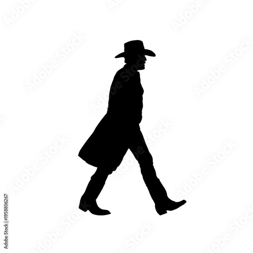 Silhouette of a walking cowboy wearing a hat and long coat, vector illustration