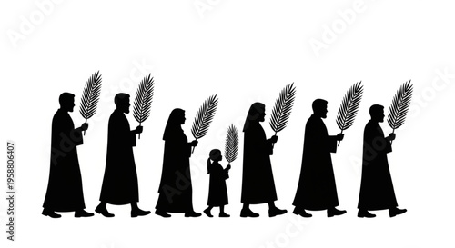 Group Silhouette of People in Robes Carrying Palm Leaves in a Religious Procession