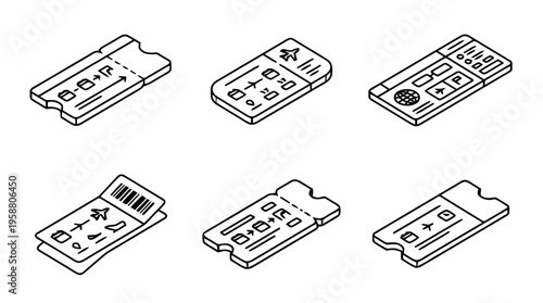 airplane ticket , 6 black line isometric 3d vector collection , white background , PNG and SVG isolate