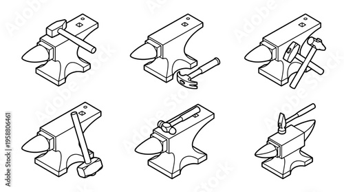 anvil and hammer , 6 black line isometric 3d vector collection , white background , PNG and SVG isolate